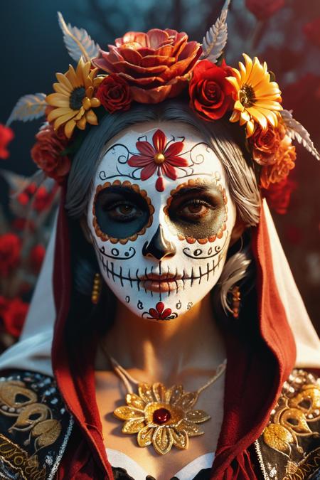 11115-24232114-woman dressed sugar skull costume flowers, amazing octane render, thick dust red tones, wearing golden halo, saint woman, white.png